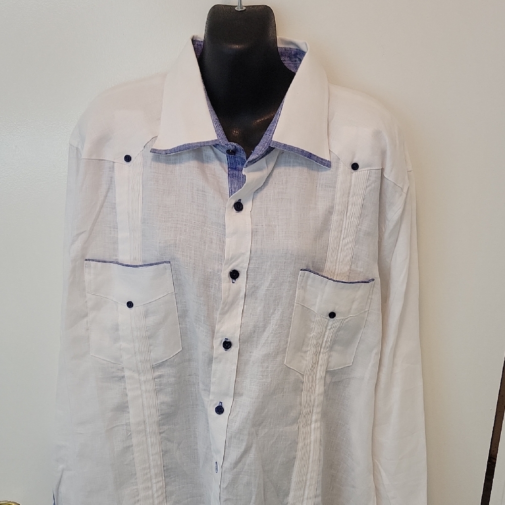 Men's White Long-Sleeve Button-Up Shirt with Navy Trim